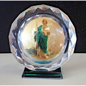 Vintage Catholic St Jude Faceted Acrylic Gold Medallion Prism Base 3" tall